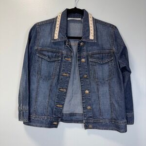 First Issue Liz Claiborne Denim Jacket Crochet Beaded‎ Collar Medium Wash Blue L